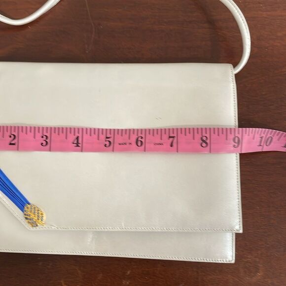 Raphael Salato Vintage Leather Flap Bag Clutch 70s White Blue Crystal Leaf - Picture 10 of 11